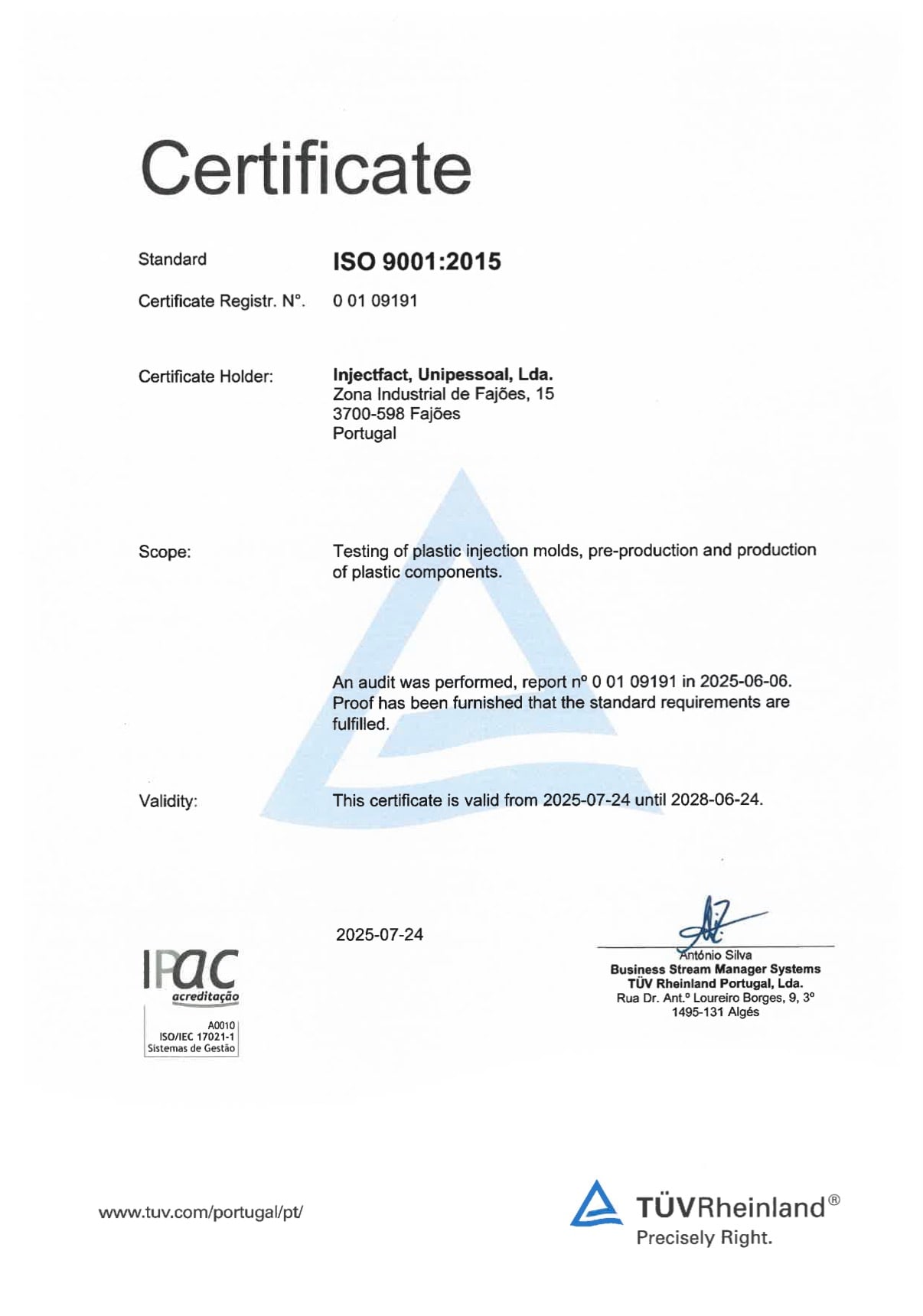 Certificado ISO 9001:2015 emitido pela TÜV Rheinland a Injectfact, Unipessoal, Lda.